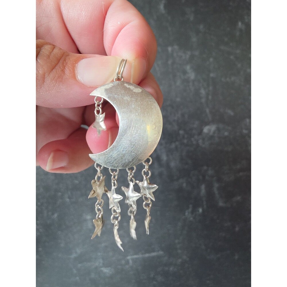 925 Sterling Silver Moon And Stars Shaped Pendant Vintage